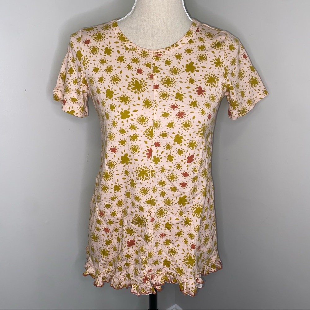 LOGO Lori Goldstein peach floral Cotton Modal Top Ruffle Hem short sleeve sz XS